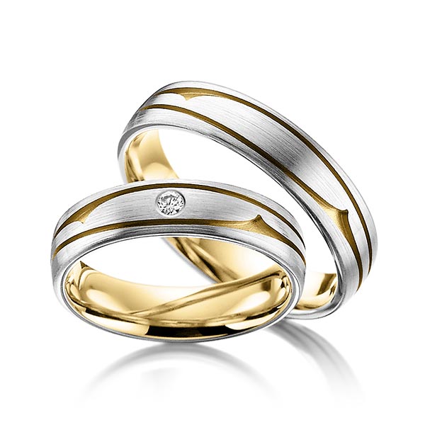 Traumhafte Trauringe in Bicolor: Graugold & Gelbgold 585 mit Diamant (0.040 ct) - Modell RU-1143-5 | EVA Trauringwelten Hagen