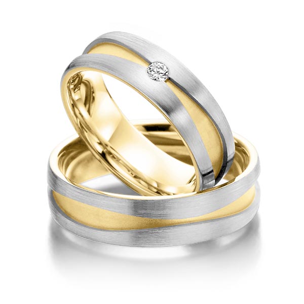 Paar Trauringe/Trauringe, Graugold 585 außen, Gelbgold 585 innen, 0.050 ct TW/SI Diamanten - Modell RU-1443-1 | EVA Trauringwelten Hagen